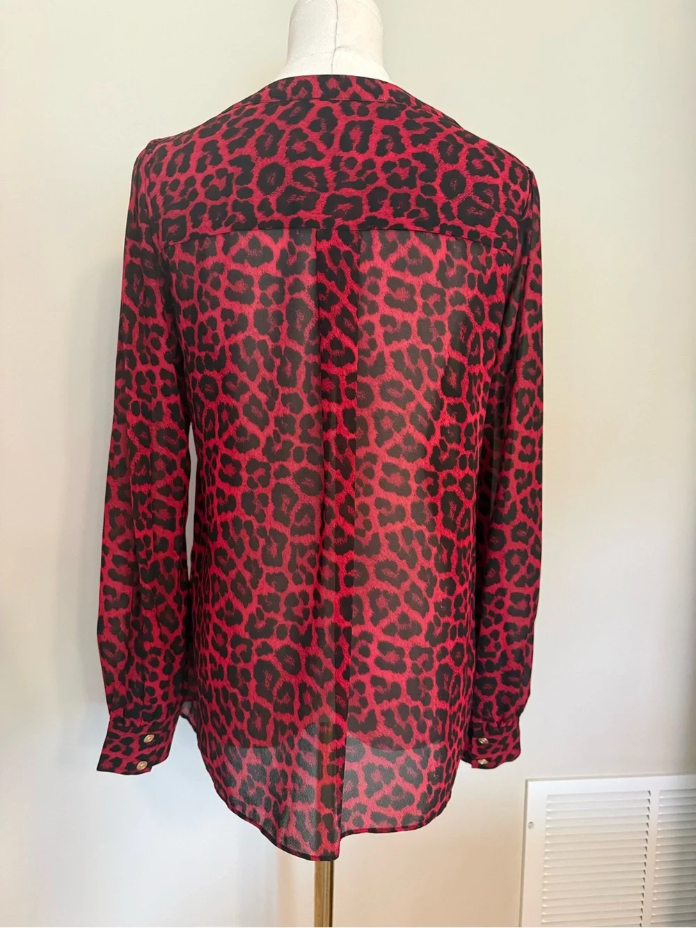 Michael Kors Red Black Leopard Print Blouse S Sheer Button Front Animal Print